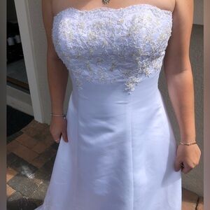 David's Bridal White Strapless Dress with Gold Details